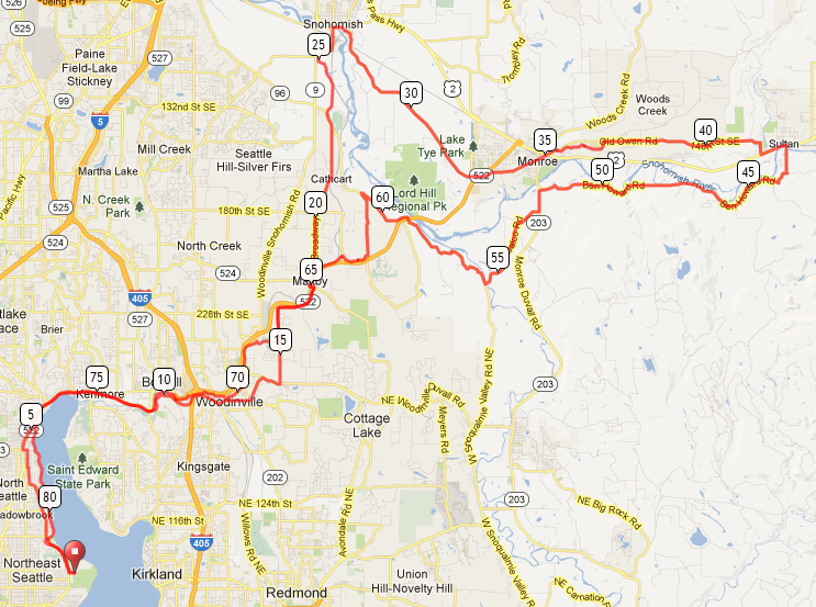 Map of week 8 Ride to Sultan, WA